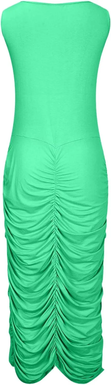 Womens Fashion Dress Plus Size Solid Color U Neck Sleeveless Midi Skirt Ruffle Pleated Split Dresses Vacation Party