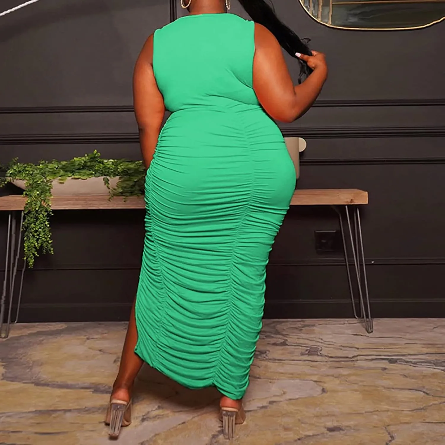 Womens Fashion Dress Plus Size Solid Color U Neck Sleeveless Midi Skirt Ruffle Pleated Split Dresses Vacation Party