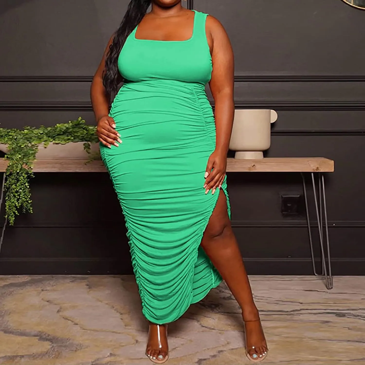 Womens Fashion Dress Plus Size Solid Color U Neck Sleeveless Midi Skirt Ruffle Pleated Split Dresses Vacation Party