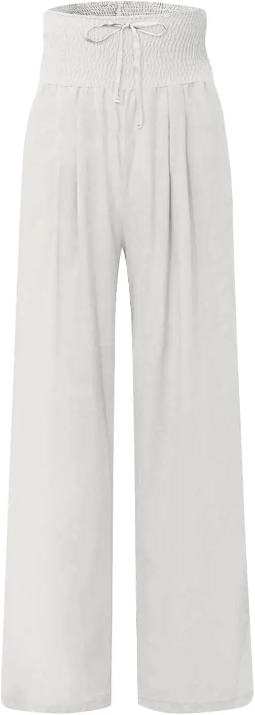 Women's Fashion High Waist Casual Bow Tie Pants Casual Palazzo Long Trousers Summer Beach Linen Pant with Pocket