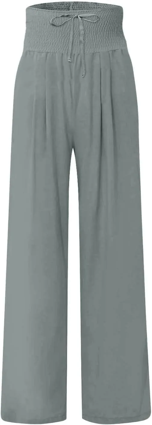 Women's Fashion High Waist Casual Bow Tie Pants Casual Palazzo Long Trousers Summer Beach Linen Pant with Pocket