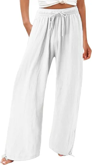Women's Fashion High Waist Casual Bow Tie Pants Casual Palazzo Long Trousers Summer Beach Linen Pant with Pocket