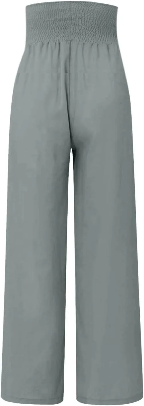 Women's Fashion High Waist Casual Bow Tie Pants Casual Palazzo Long Trousers Summer Beach Linen Pant with Pocket