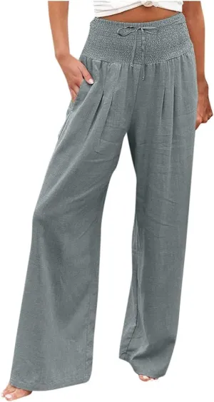 Women's Fashion High Waist Casual Bow Tie Pants Casual Palazzo Long Trousers Summer Beach Linen Pant with Pocket