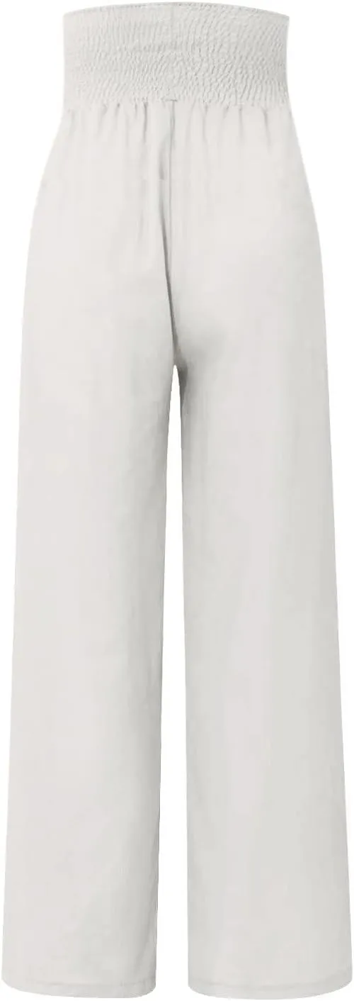 Women's Fashion High Waist Casual Bow Tie Pants Casual Palazzo Long Trousers Summer Beach Linen Pant with Pocket