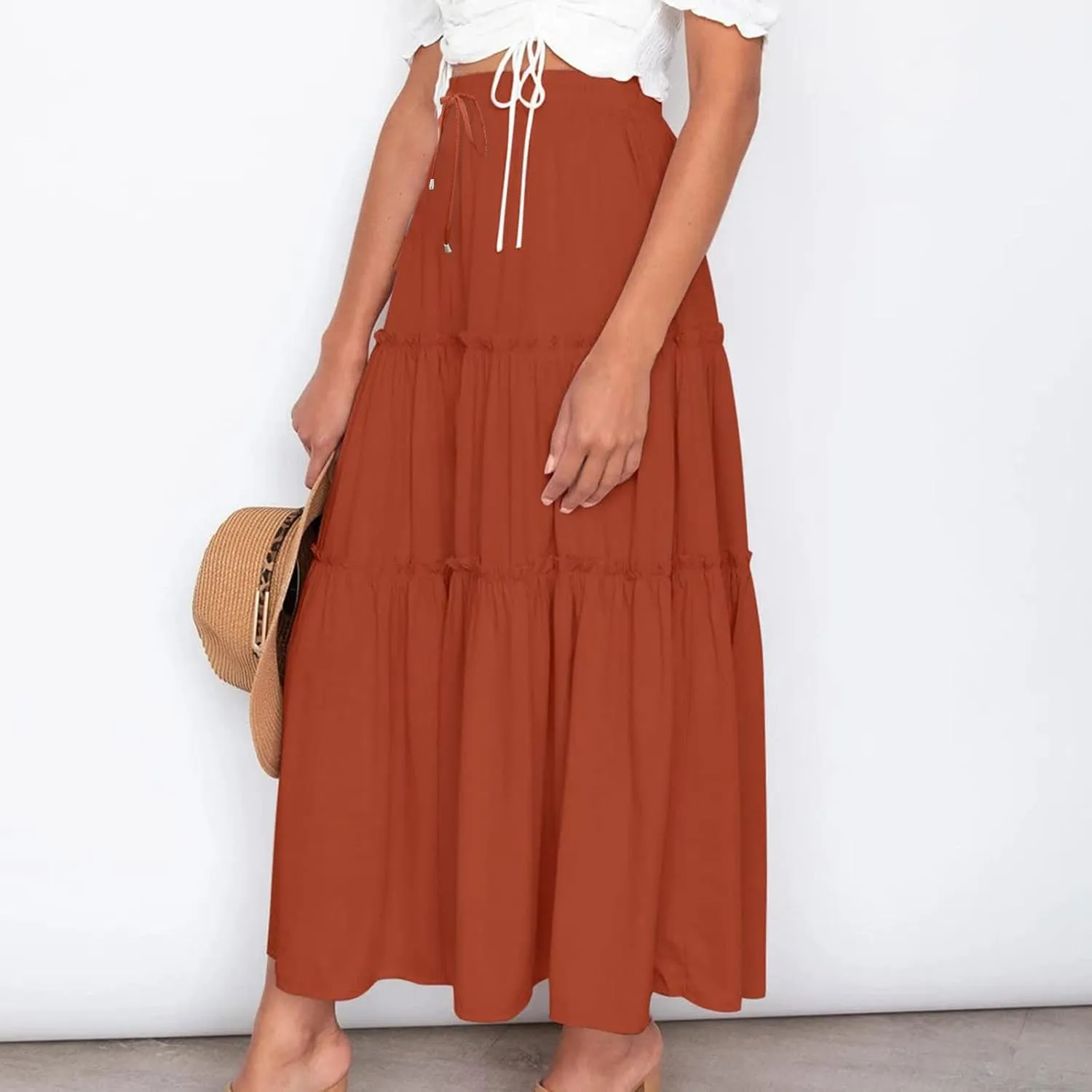 Women's Flowy Boho Maxi Skirt Elastic High Waist Tie A Line Dress Pleated Tiered Summer Casual Beach Long Skirts