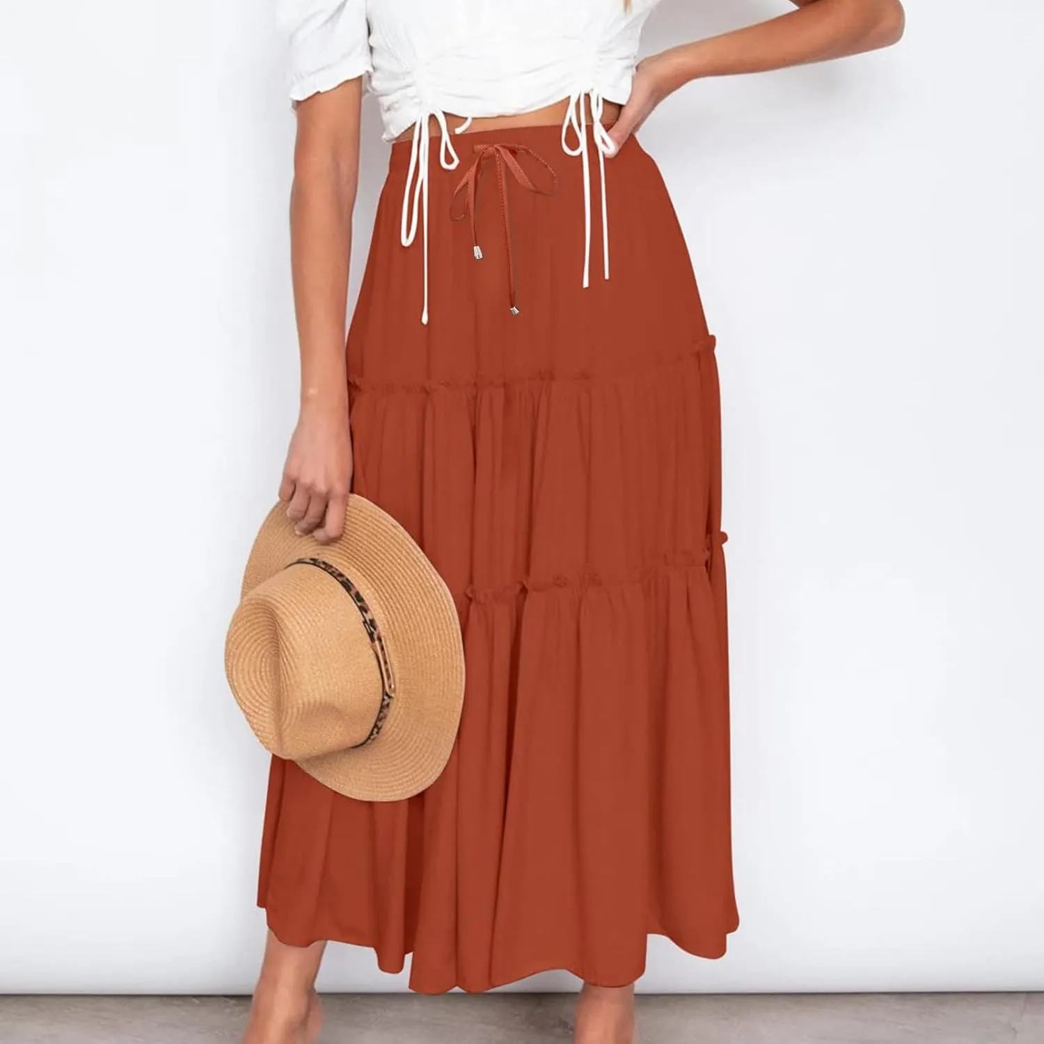 Women's Flowy Boho Maxi Skirt Elastic High Waist Tie A Line Dress Pleated Tiered Summer Casual Beach Long Skirts