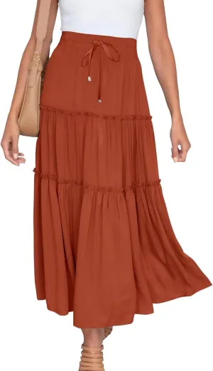 Women's Flowy Boho Maxi Skirt Elastic High Waist Tie A Line Dress Pleated Tiered Summer Casual Beach Long Skirts