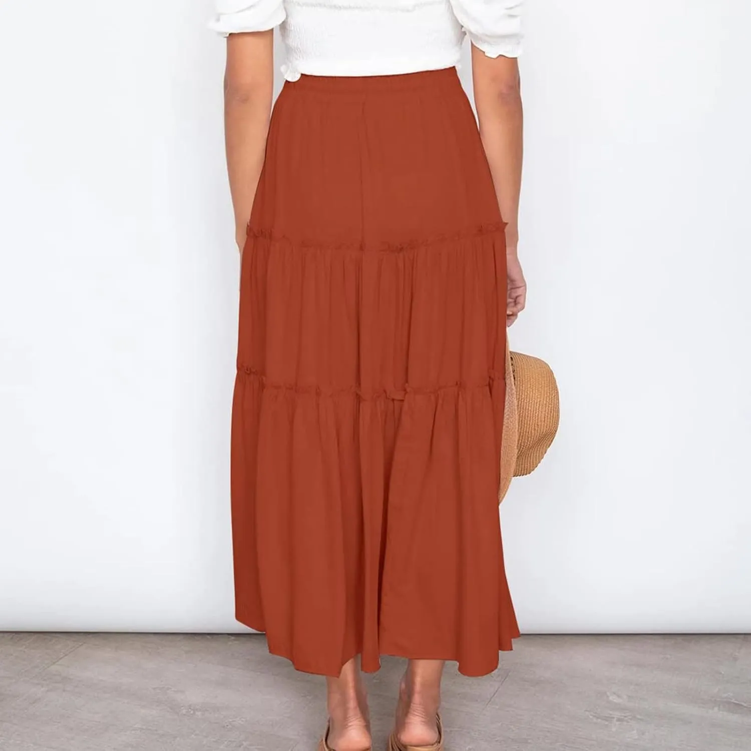 Women's Flowy Boho Maxi Skirt Elastic High Waist Tie A Line Dress Pleated Tiered Summer Casual Beach Long Skirts