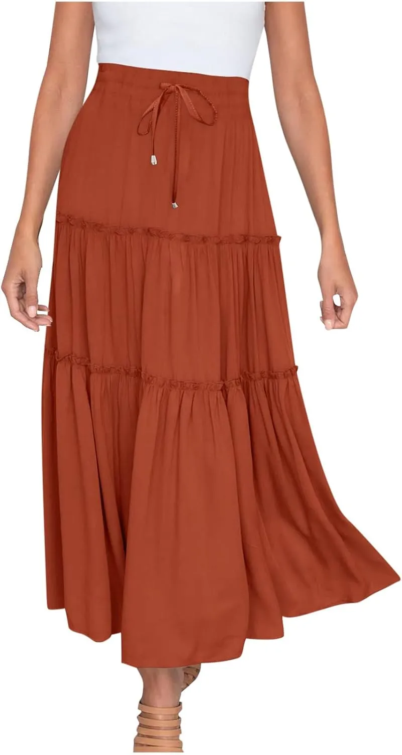 Women's Flowy Boho Maxi Skirt Elastic High Waist Tie A Line Dress Pleated Tiered Summer Casual Beach Long Skirts
