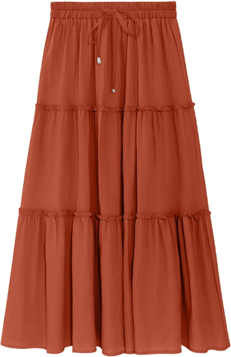 Women's Flowy Boho Maxi Skirt Elastic High Waist Tie A Line Dress Pleated Tiered Summer Casual Beach Long Skirts