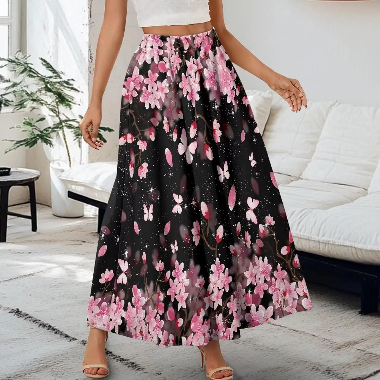 Women's Flowy Maxi Skirt High Waisted Casual Long Skirts with Pockets Swing Skirt for Party Festival Size S-2XL