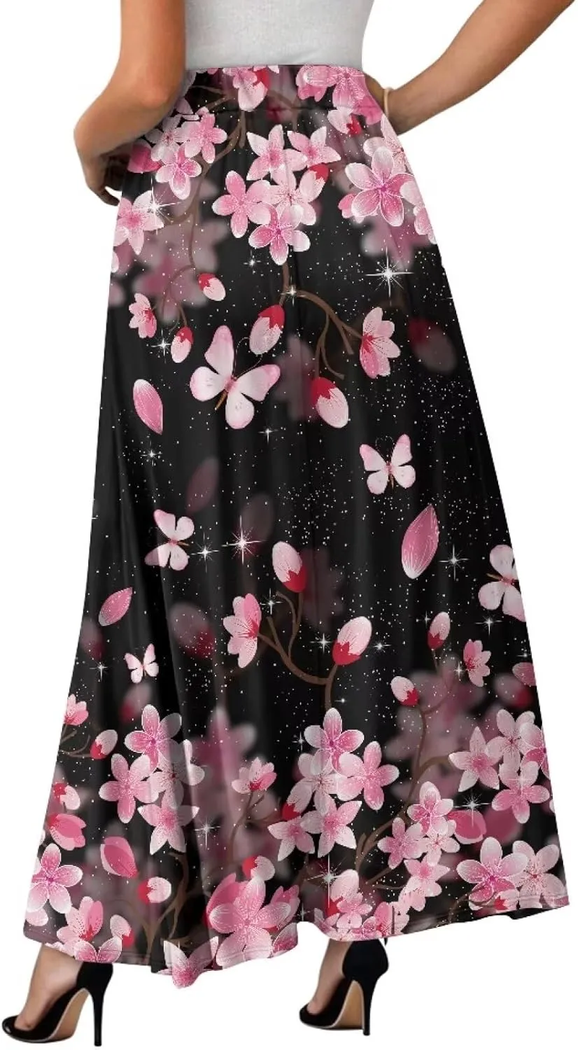 Women's Flowy Maxi Skirt High Waisted Casual Long Skirts with Pockets Swing Skirt for Party Festival Size S-2XL