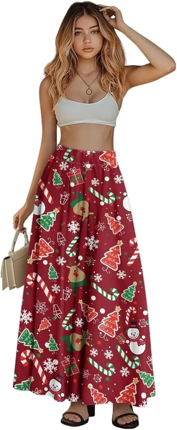 Women's Flowy Maxi Skirt High Waisted Casual Long Skirts with Pockets Swing Skirt for Party Festival Size S-2XL