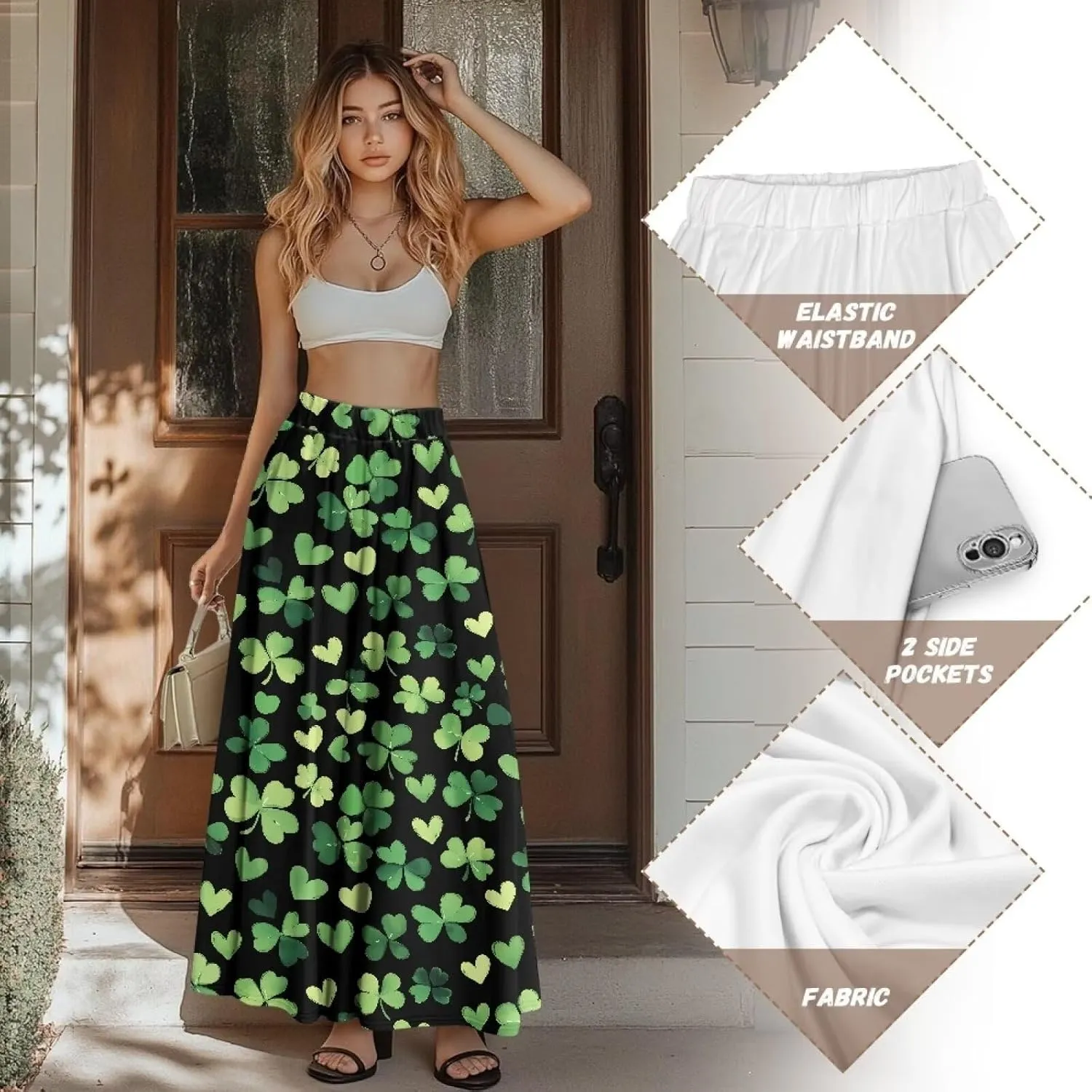 Women's Flowy Maxi Skirt High Waisted Casual Long Skirts with Pockets Swing Skirt for Party Festival Size S-2XL