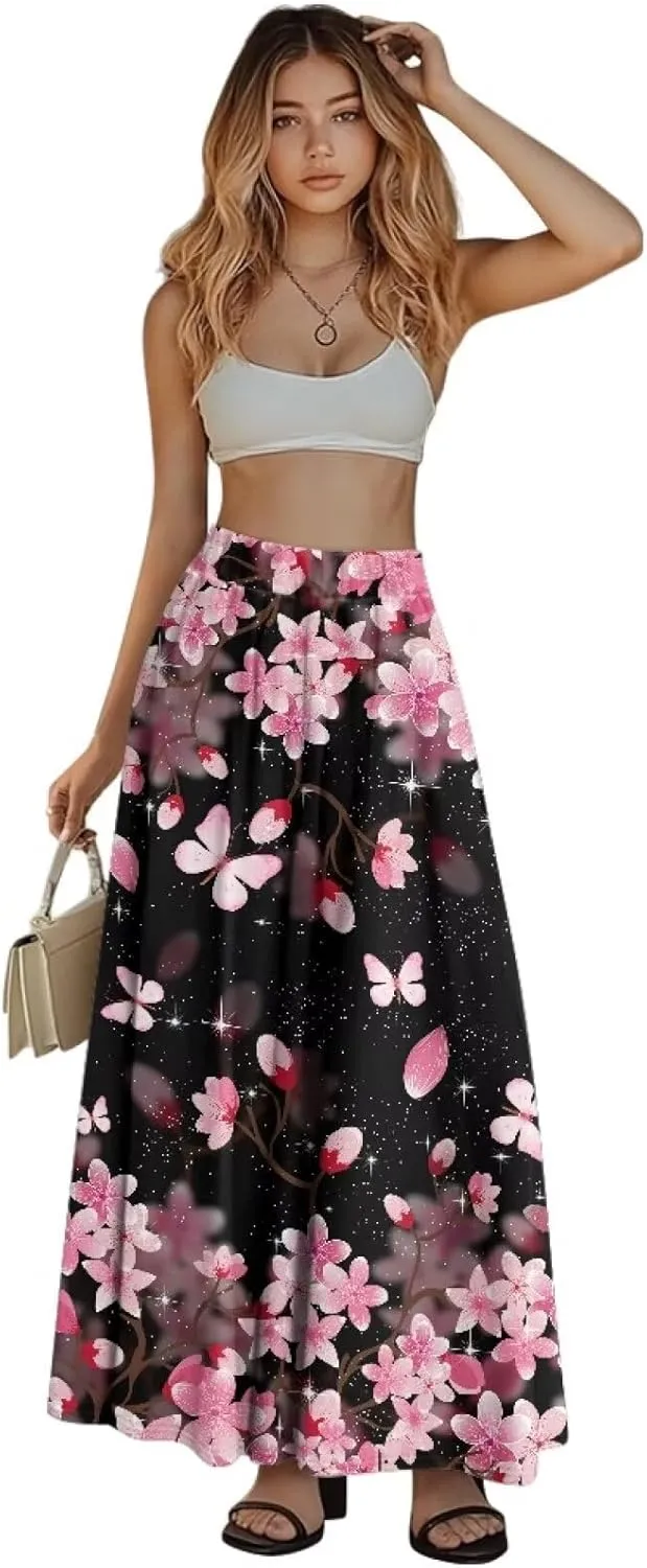 Women's Flowy Maxi Skirt High Waisted Casual Long Skirts with Pockets Swing Skirt for Party Festival Size S-2XL