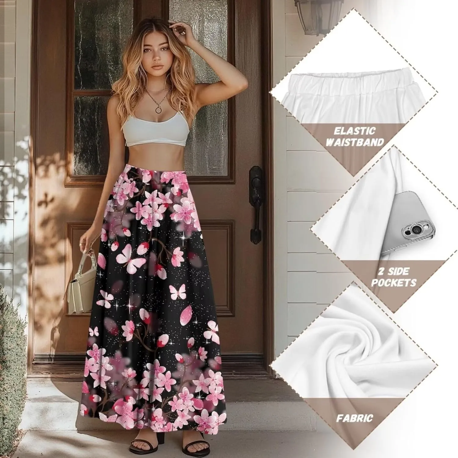 Women's Flowy Maxi Skirt High Waisted Casual Long Skirts with Pockets Swing Skirt for Party Festival Size S-2XL