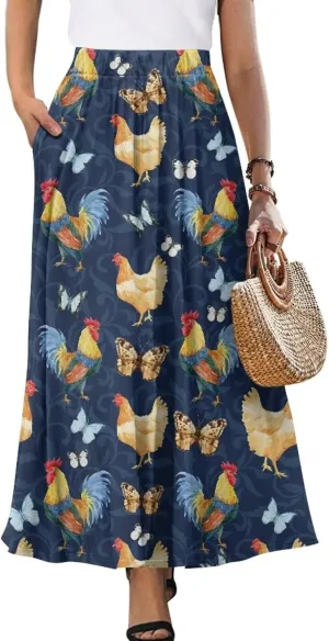 Women's Flowy Maxi Skirt High Waisted Casual Long Skirts with Pockets Swing Skirt for Party Festival Size S-2XL