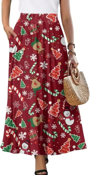 Women's Flowy Maxi Skirt High Waisted Casual Long Skirts with Pockets Swing Skirt for Party Festival Size S-2XL