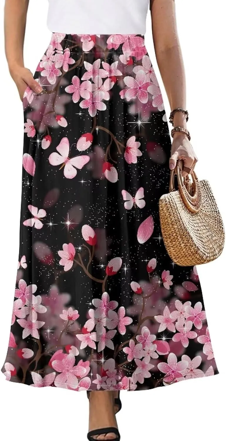 Women's Flowy Maxi Skirt High Waisted Casual Long Skirts with Pockets Swing Skirt for Party Festival Size S-2XL