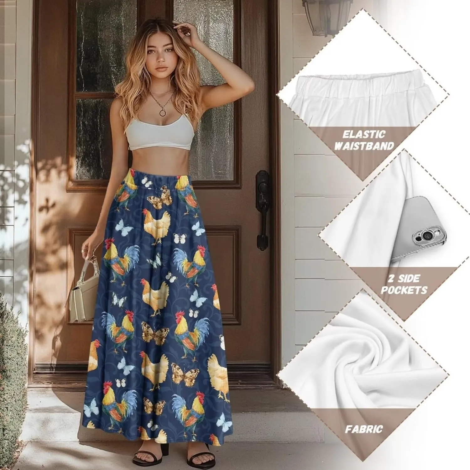 Women's Flowy Maxi Skirt High Waisted Casual Long Skirts with Pockets Swing Skirt for Party Festival Size S-2XL