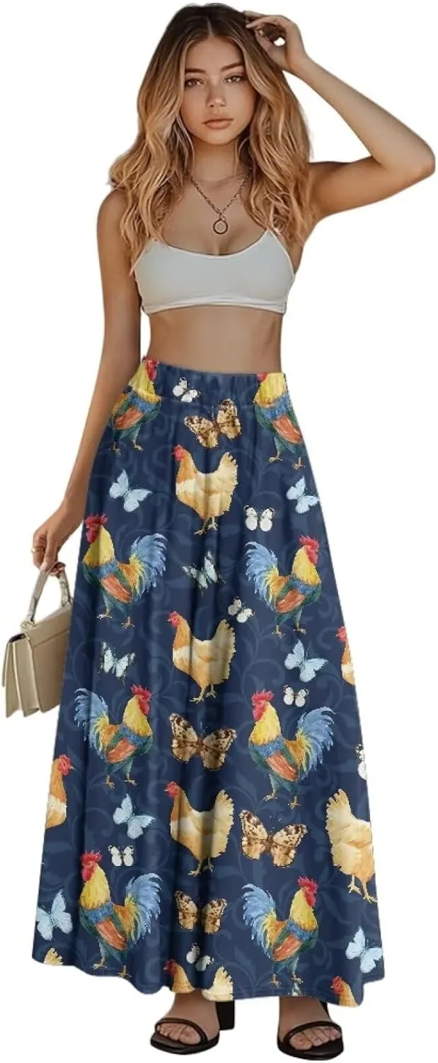 Women's Flowy Maxi Skirt High Waisted Casual Long Skirts with Pockets Swing Skirt for Party Festival Size S-2XL