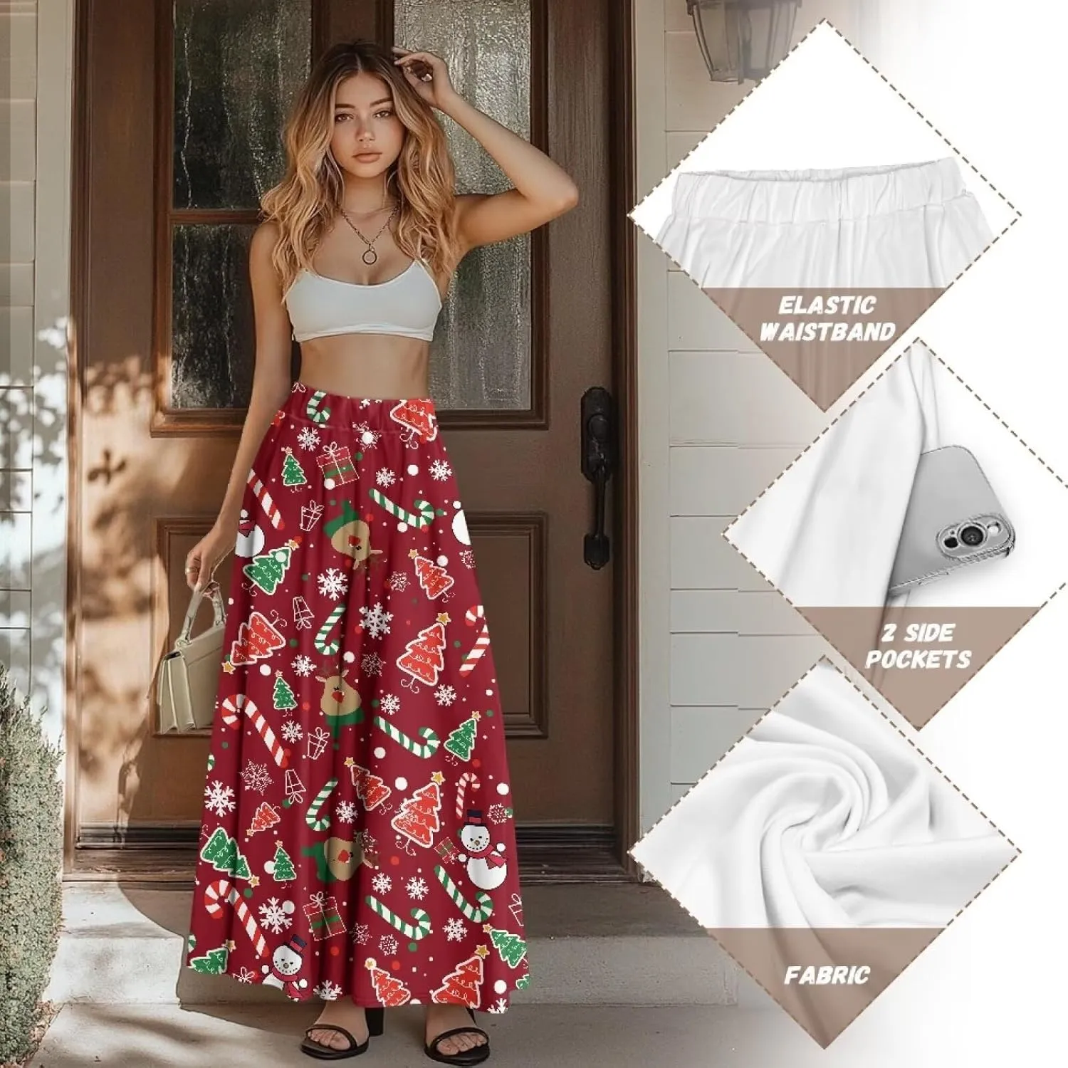 Women's Flowy Maxi Skirt High Waisted Casual Long Skirts with Pockets Swing Skirt for Party Festival Size S-2XL