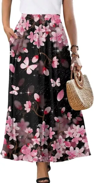 Women's Flowy Maxi Skirt High Waisted Casual Long Skirts with Pockets Swing Skirt for Party Festival Size S-2XL