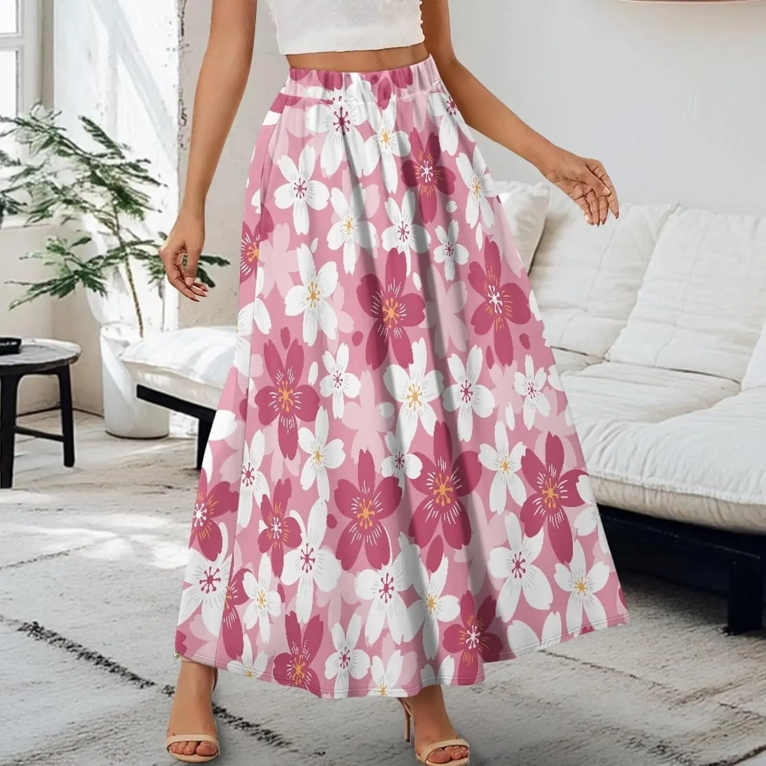 Women's Flowy Maxi Skirt High Waisted Casual Stretch Skirts with Pockets Full Length Skirt for Party Festival S-2XL