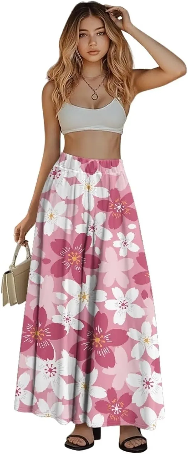 Women's Flowy Maxi Skirt High Waisted Casual Stretch Skirts with Pockets Full Length Skirt for Party Festival S-2XL