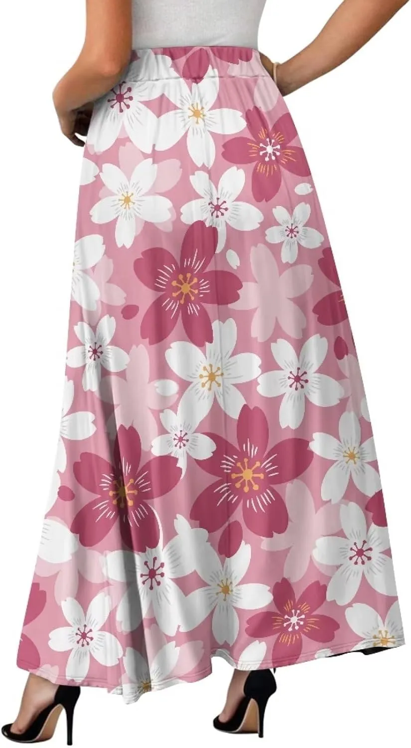 Women's Flowy Maxi Skirt High Waisted Casual Stretch Skirts with Pockets Full Length Skirt for Party Festival S-2XL