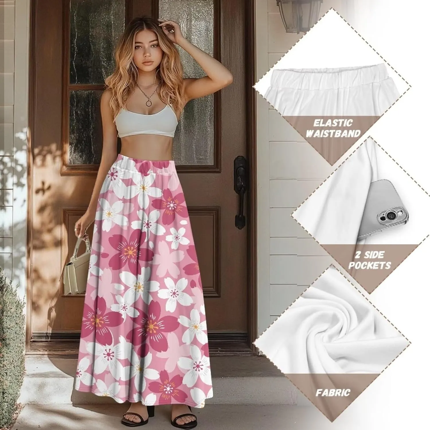 Women's Flowy Maxi Skirt High Waisted Casual Stretch Skirts with Pockets Full Length Skirt for Party Festival S-2XL