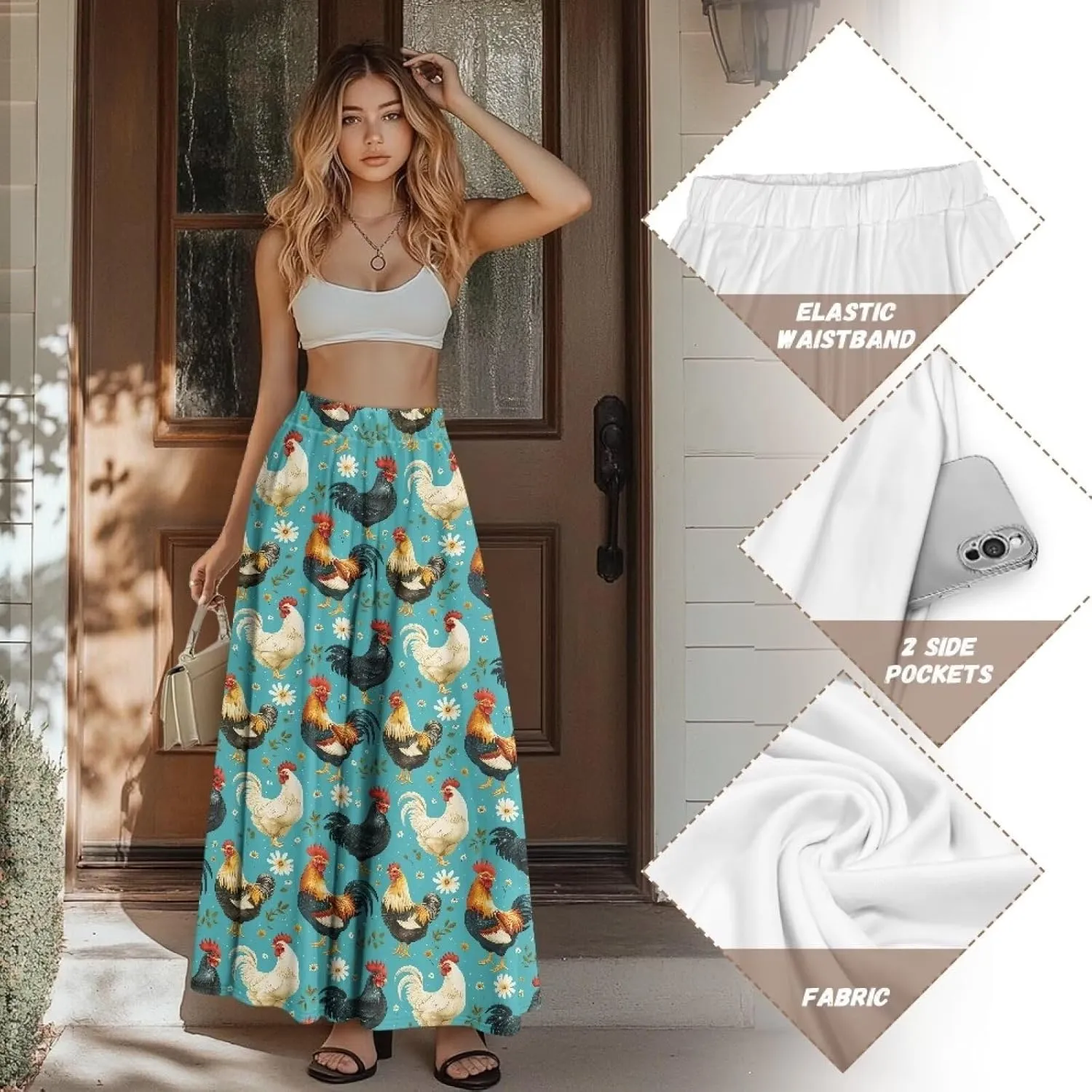 Women's Flowy Maxi Skirt High Waisted Casual Stretch Skirts with Pockets Full Length Skirt for Party Festival S-2XL