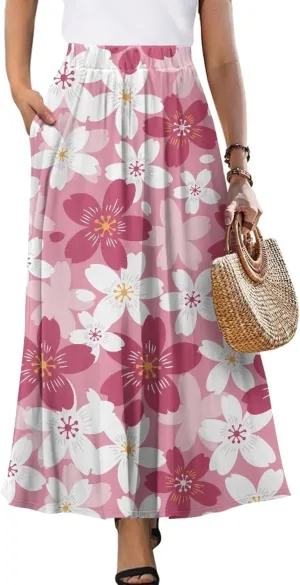 Women's Flowy Maxi Skirt High Waisted Casual Stretch Skirts with Pockets Full Length Skirt for Party Festival S-2XL