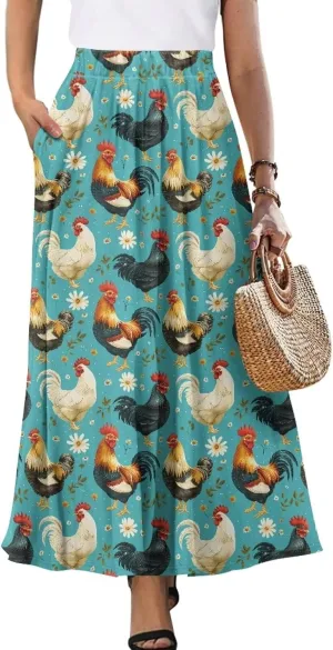 Women's Flowy Maxi Skirt High Waisted Casual Stretch Skirts with Pockets Full Length Skirt for Party Festival S-2XL