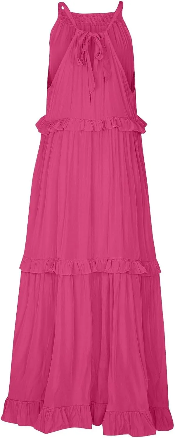 Womens Halter Neck Maxi Dress Sleeveless Sexy Tiered Flowy Long Dress Summer Loose Smocked Ruffle Swing Beach Dresses