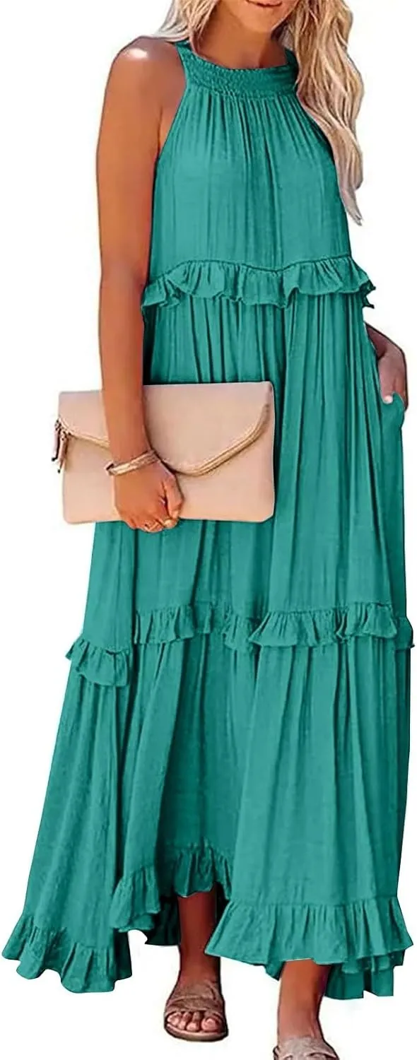 Womens Halter Neck Maxi Dress Sleeveless Sexy Tiered Flowy Long Dress Summer Loose Smocked Ruffle Swing Beach Dresses