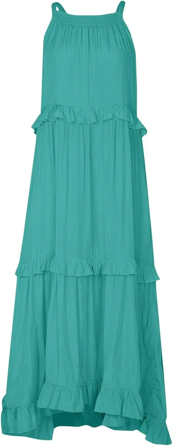 Womens Halter Neck Maxi Dress Sleeveless Sexy Tiered Flowy Long Dress Summer Loose Smocked Ruffle Swing Beach Dresses