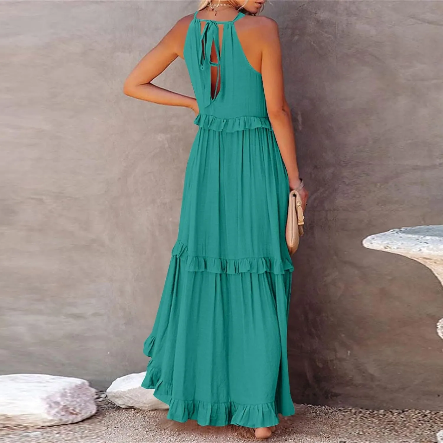 Womens Halter Neck Maxi Dress Sleeveless Sexy Tiered Flowy Long Dress Summer Loose Smocked Ruffle Swing Beach Dresses