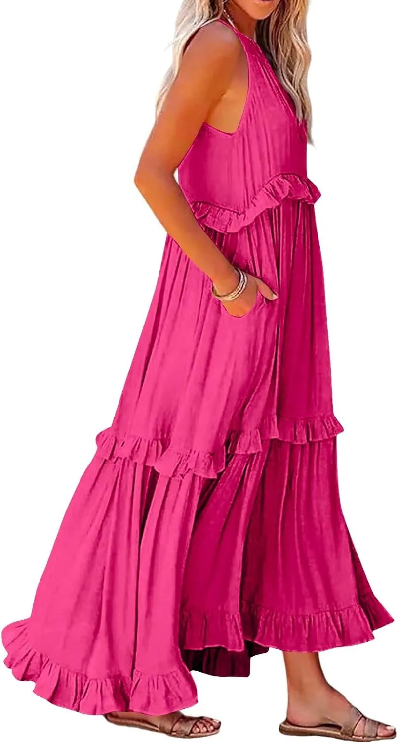 Womens Halter Neck Maxi Dress Sleeveless Sexy Tiered Flowy Long Dress Summer Loose Smocked Ruffle Swing Beach Dresses