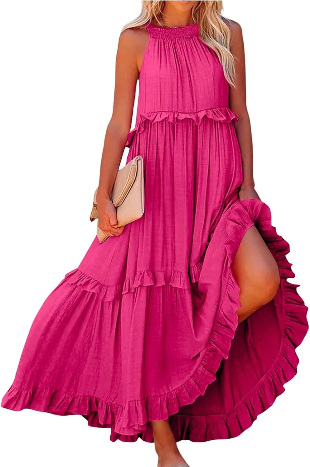 Womens Halter Neck Maxi Dress Sleeveless Sexy Tiered Flowy Long Dress Summer Loose Smocked Ruffle Swing Beach Dresses