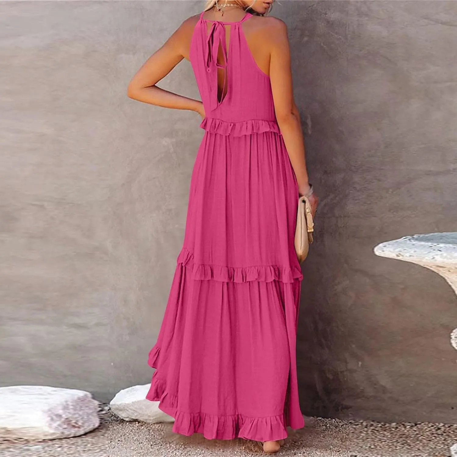 Womens Halter Neck Maxi Dress Sleeveless Sexy Tiered Flowy Long Dress Summer Loose Smocked Ruffle Swing Beach Dresses