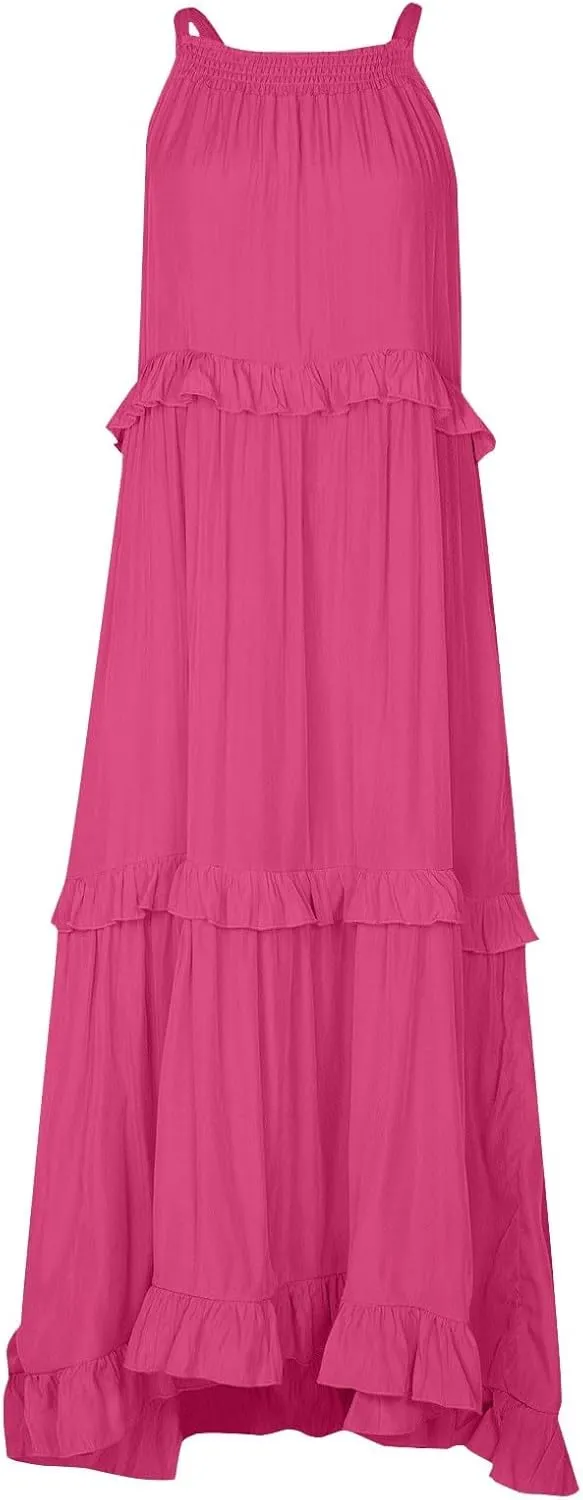 Womens Halter Neck Maxi Dress Sleeveless Sexy Tiered Flowy Long Dress Summer Loose Smocked Ruffle Swing Beach Dresses