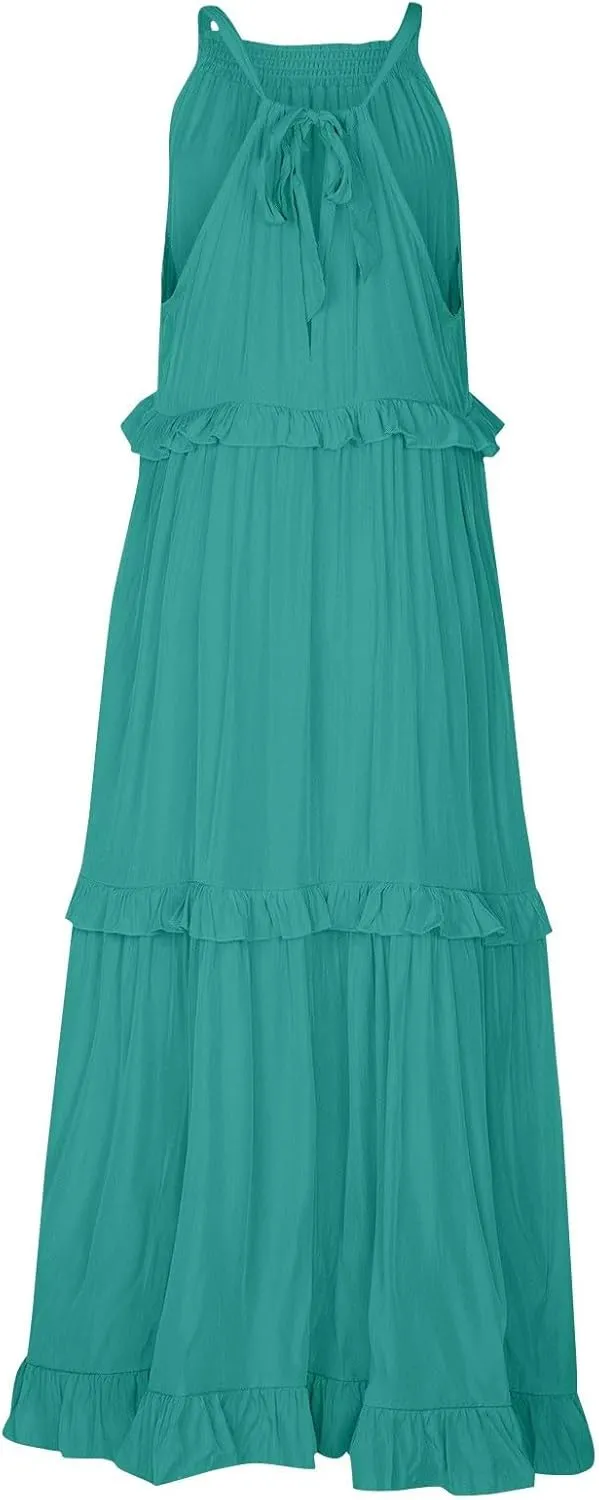 Womens Halter Neck Maxi Dress Sleeveless Sexy Tiered Flowy Long Dress Summer Loose Smocked Ruffle Swing Beach Dresses