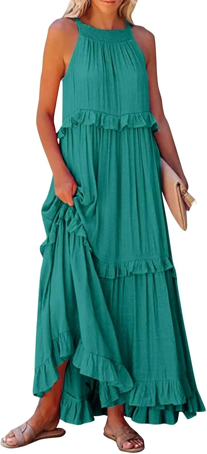 Womens Halter Neck Maxi Dress Sleeveless Sexy Tiered Flowy Long Dress Summer Loose Smocked Ruffle Swing Beach Dresses