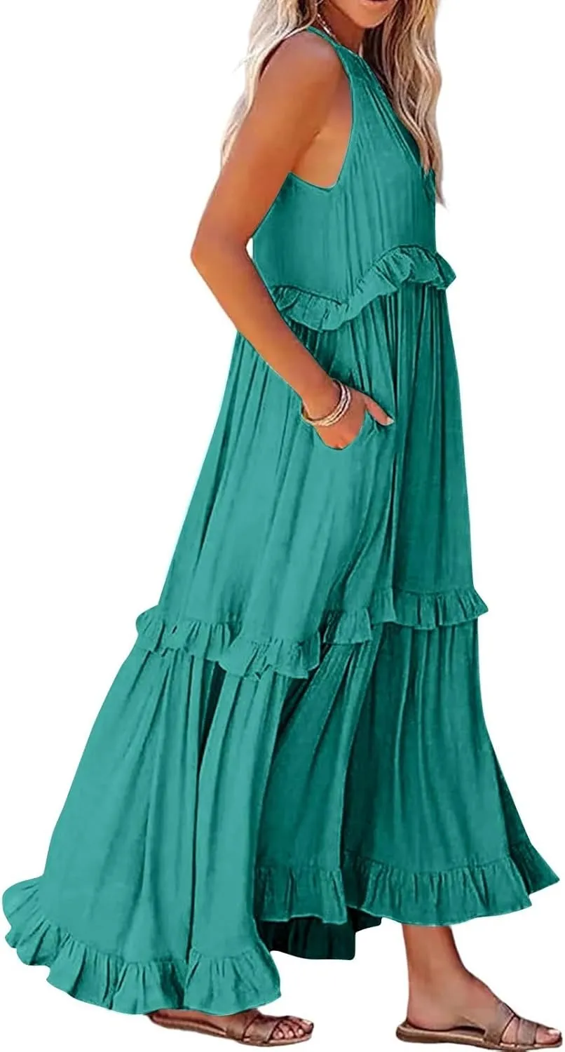 Womens Halter Neck Maxi Dress Sleeveless Sexy Tiered Flowy Long Dress Summer Loose Smocked Ruffle Swing Beach Dresses