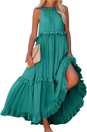 Womens Halter Neck Maxi Dress Sleeveless Sexy Tiered Flowy Long Dress Summer Loose Smocked Ruffle Swing Beach Dresses