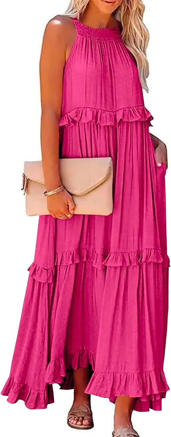 Womens Halter Neck Maxi Dress Sleeveless Sexy Tiered Flowy Long Dress Summer Loose Smocked Ruffle Swing Beach Dresses