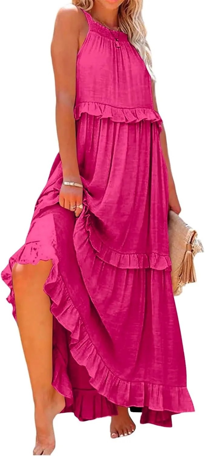 Womens Halter Neck Maxi Dress Sleeveless Sexy Tiered Flowy Long Dress Summer Loose Smocked Ruffle Swing Beach Dresses