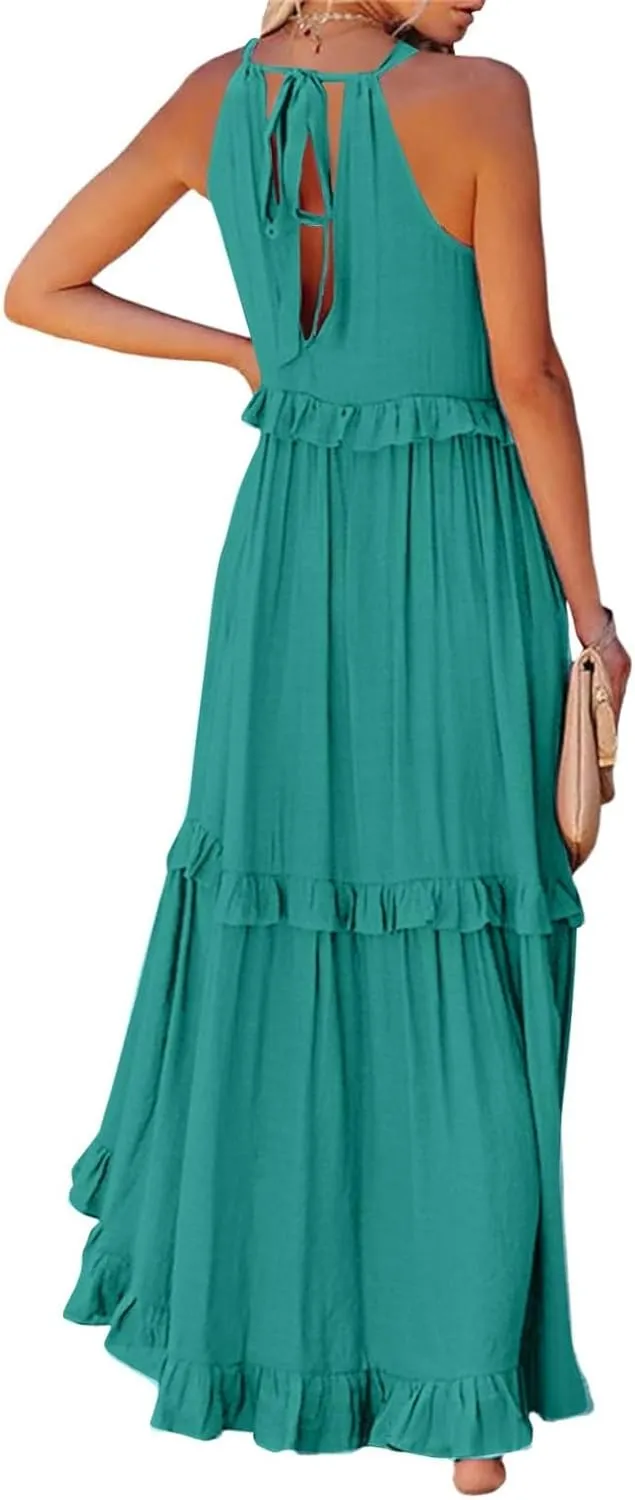 Womens Halter Neck Maxi Dress Sleeveless Sexy Tiered Flowy Long Dress Summer Loose Smocked Ruffle Swing Beach Dresses